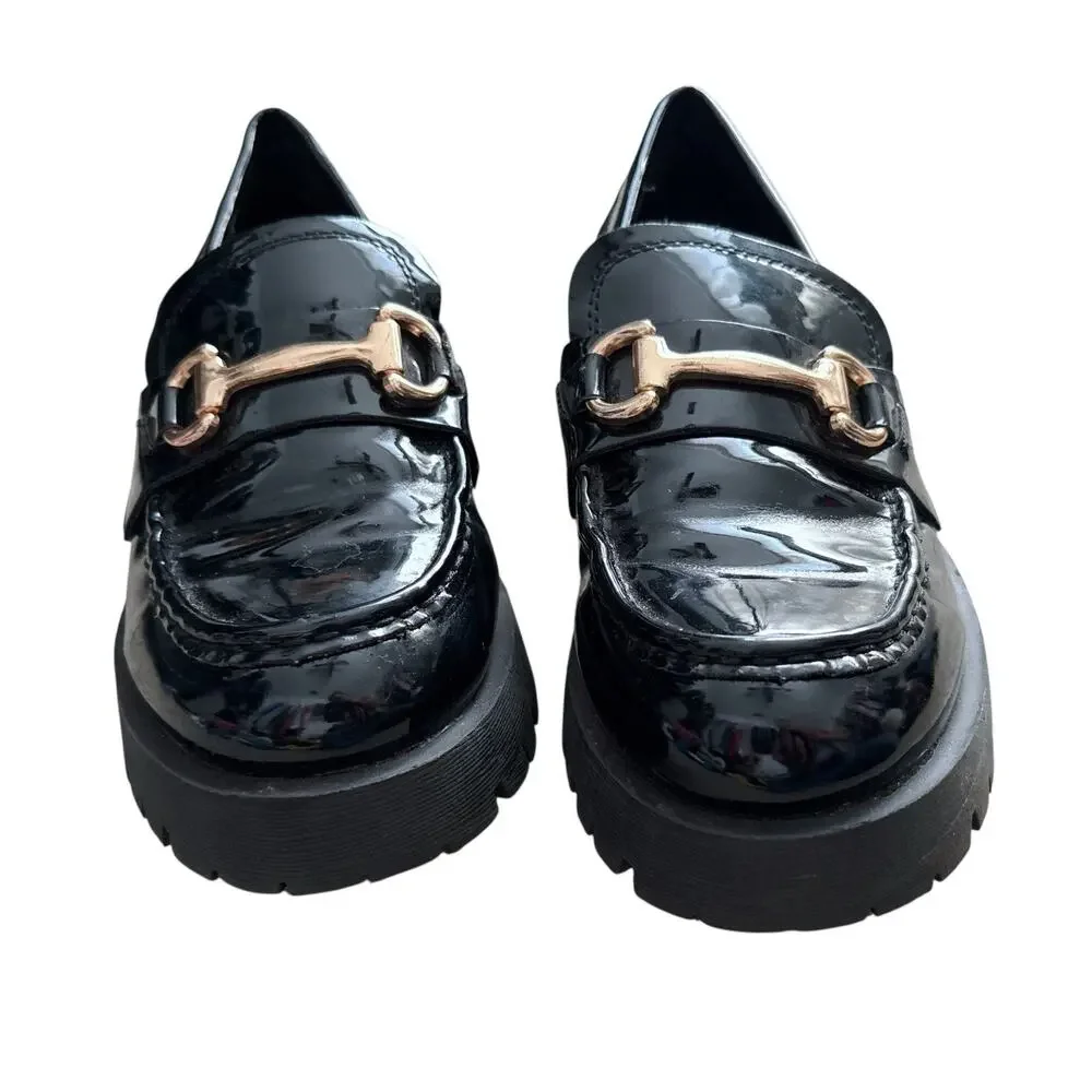 Bamboo Loafers Womens 7.5 Black Patent Horsebit Chunky Lug Platform Shoes
